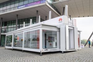 Huawei 5G EC Connect 2019 Dresden. Mobile Showroom exterior during the day.