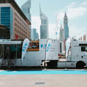 Eaton Roadshow in Dubai with city skydrop in the background