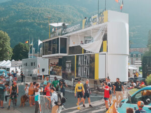Mobile Studio 01 for EuroSport for Tour de France with a crowd outside