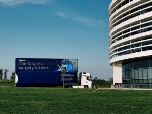 Medtronic's Mobile Academy is ready for display in a green field outside the offices in the UK