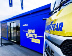 Close up of truck and goodyear mobile showroom entrance