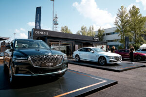 Genesis Mobile Lounge at the München IAA festival, showcasing the latest car designs in front of the Mobile Showroom.