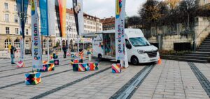 Prepping for the United Nations InfoWheels in the city center in Germany